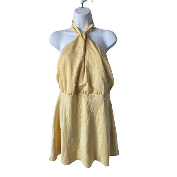 Lulu's Sleek Essence Yellow Halter Neck Satin Mini Dress Medium - Picture 2 of 10